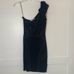 Little Mistress Black One-Shoulder Dress with Studded Detail